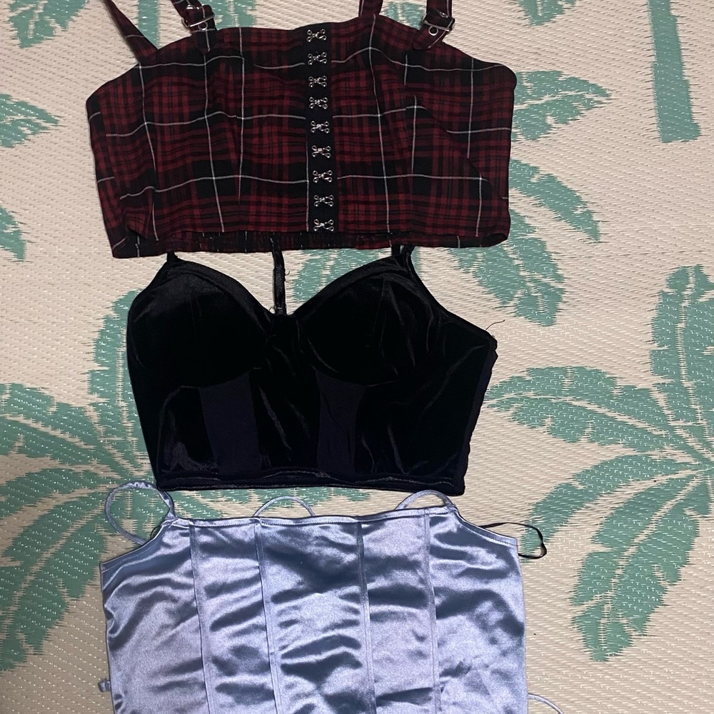 Red Plaid, Black Velvet, and Blue Satin Crop Tops Sz L